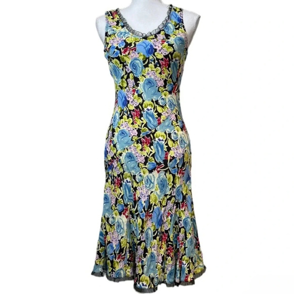 Y2k Dress Womens Medium Twyla Blu Floral Lace Colorful Whimsical 90s Fairy Midi - Picture 1 of 11